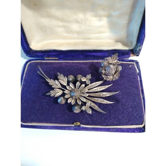 Unbranded Jewelry - Victorian Antique Austrian Branch Brooch Ring Set Rose Cut Diamond Silver Leaf